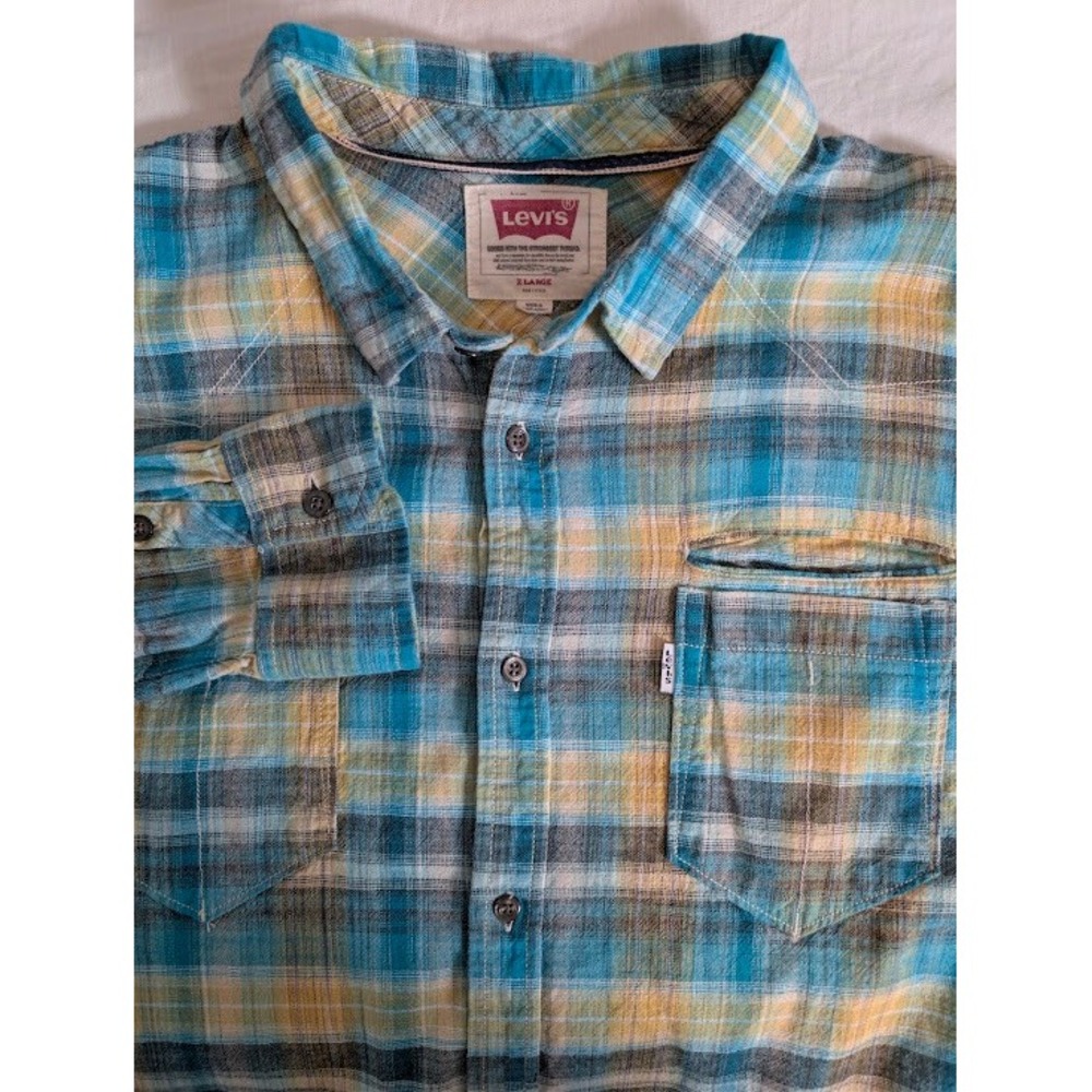 Levi's Button Down Shirt Mens XL Teal Yellow Plaid Long Sleeve Textured Cotton